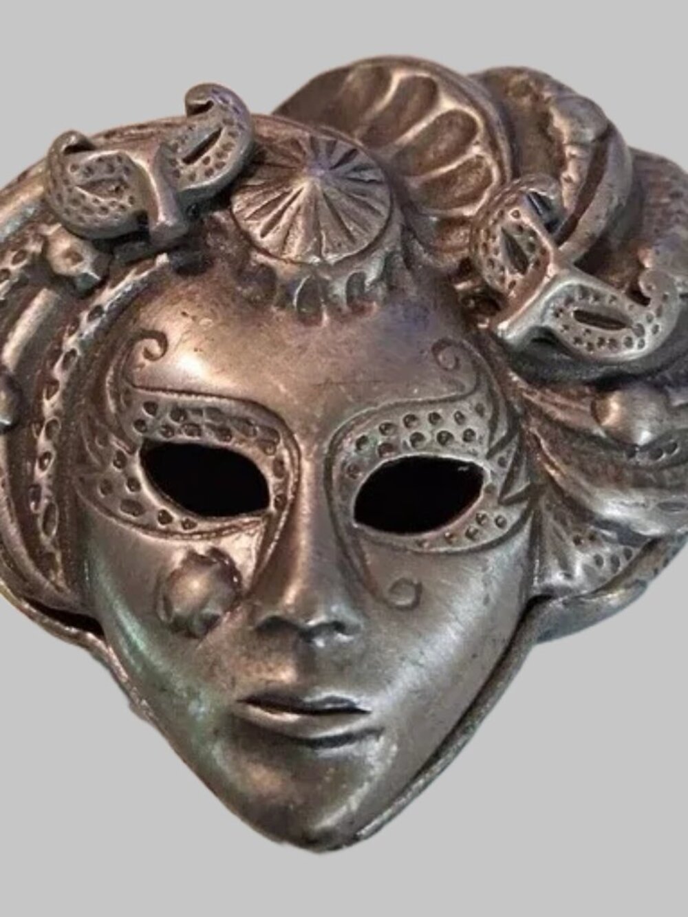 Vintage Torino Pewter Trinket Set Mardi Gras Mask Brooch Earrings Pendant